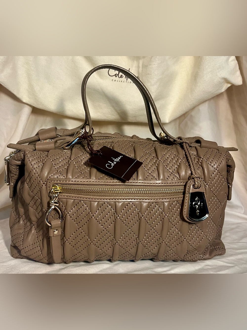 VTG Cole Haan “Archer” Leather Handbag, Grey-Beige (“Greige”) “Heritage Quilt”